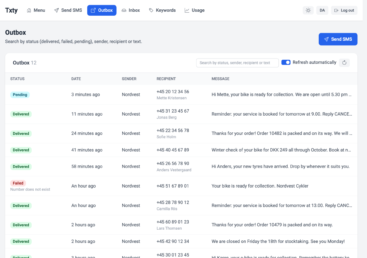 The outbox in the Txty control panel: a list of sent messages with delivery status, time, sender, recipient and text for each.